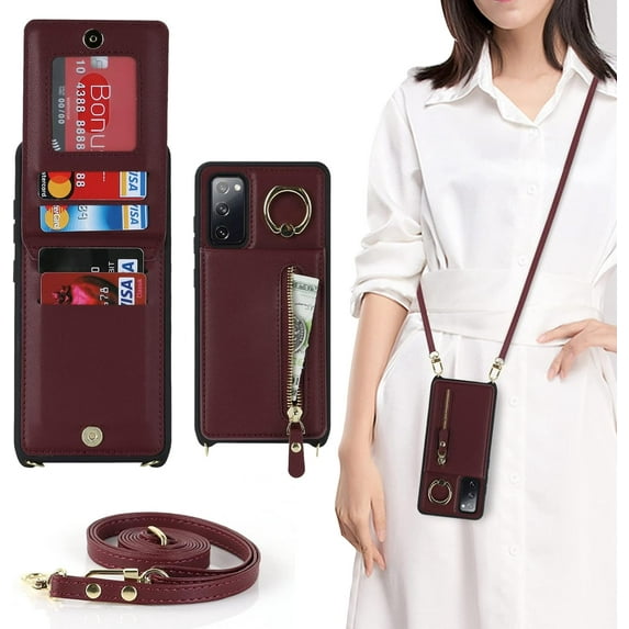 Samsung Galaxy S20 5G Phone Case for Women with Card Holder,Samsung S20 Case Wallet Crossbody Lanyard with Strap,Credit Card Slots Kickstand Case with Ring Holder,6.2 Inch,Burgundy