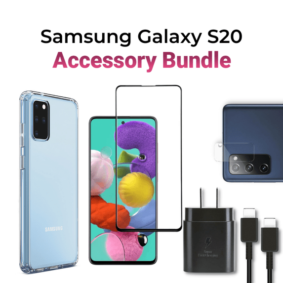 Samsung Galaxy S20 Accessory Bundle - Clear Case / Screen Protector / 25w Rapid Charger / Charging Cable / Camera Lens Protector