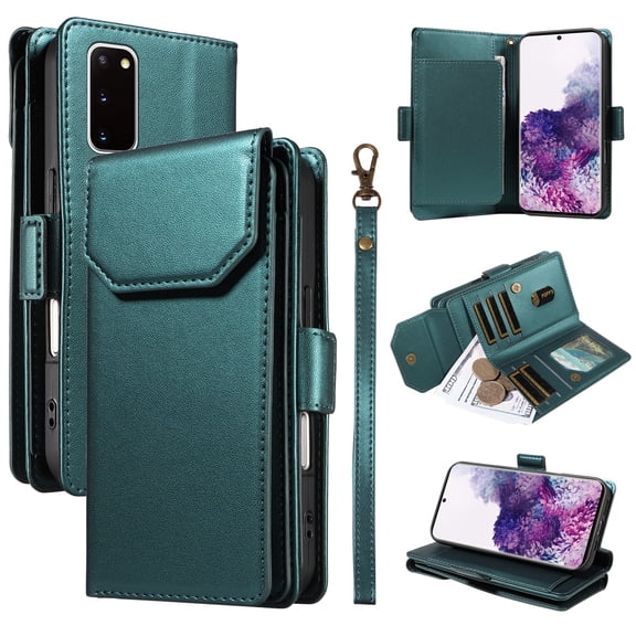for Samsung Galaxy S20 Case with 11 Card Slots & 2 Cash Pockets for Woman Man,PU Leather Flip Kickstand Folio [RFID Blocking] Wallet Case, Wrist Strap Magnetic Clasp Protective Cover,Green