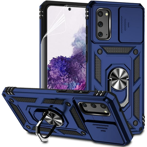 for Samsung Galaxy S20 Case with Camera Lens Cover HD Screen Protector, Dual Layer Military-Grade Drop Tested Magnetic Ring Holder Kickstand Protective Phone Case for Samsung Galaxy S20 5G (Navy Blue)