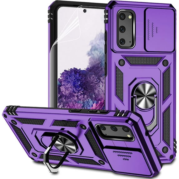 for Samsung Galaxy S20 Case with Camera Lens Cover HD Screen Protector, Dual Layer Military-Grade Drop Tested Magnetic Ring Holder Kickstand Protective Phone Case for Samsung Galaxy S20 5G (Purple)