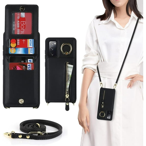 Samsung Galaxy S20 Case with Card Holder for Women, Galaxy S20 Phone Case Wallet with Strap Credit Card Slots Crossbody with Kickstand Zipper Shockproof Case for S20 - Black