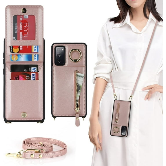 Samsung Galaxy S20 Case with Card Holder for Women, Galaxy S20 Phone Case Wallet with Strap Credit Card Slots Crossbody with Kickstand Zipper Shockproof Case for S20 - Rose Gold