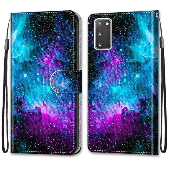 For Samsung Galaxy S20 Case, Mantto Magnetic PU Leather Phone Case With Hand Rope Strap Cute Pattern Painted Flip Credit/ ID Card Wallet Slots Stand, Starry sky