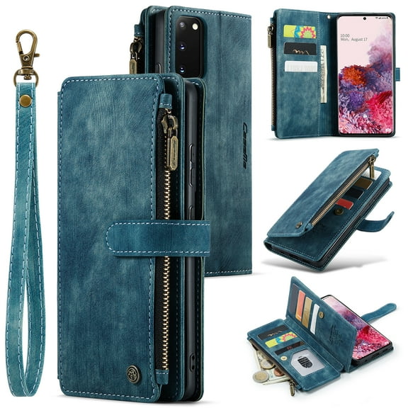 for Samsung Galaxy S20 Case Wallet for Women and Men, Samsung Galaxy S20 Case, PU Leather Magnetic Flip Strap Wristlet Zipper Card Holder Wallet Business Phone Cover for S20, Blue