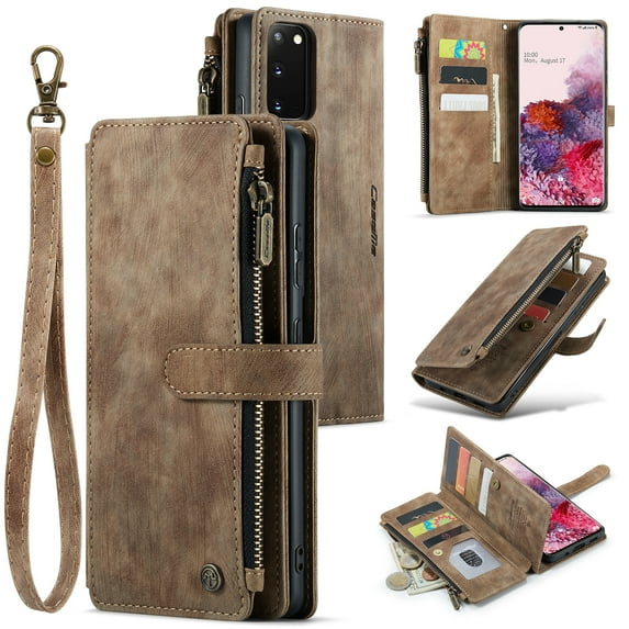 for Samsung Galaxy S20 Case Wallet for Women and Men, Samsung Galaxy S20 Case, PU Leather Magnetic Flip Strap Wristlet Zipper Card Holder Wallet Business Phone Cover for S20, Brown