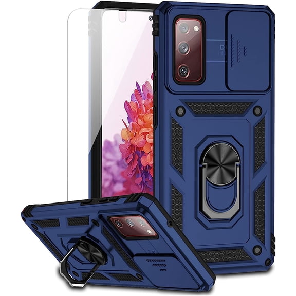 for Samsung Galaxy S20 FE 5G Case with Camera Lens Cover HD Screen Protector, Military-Grade Drop Tested Magnetic Ring Holder Kickstand Protective Phone Case for Samsung Galaxy S20 FE 5G (Navy Blue)