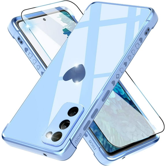 for Samsung Galaxy S20 FE 5G Case with HD Screen Protector Shockproof Protection, Love Heart Plating Girly Women Cute Soft TPU Luxury Elegant Case for Samsung Galaxy S20 FE 5G, Blue