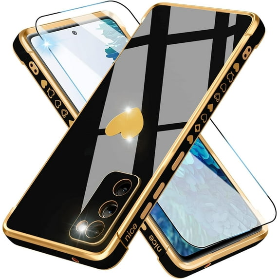 for Samsung Galaxy S20 FE 5G Case with HD Screen Protector Shockproof Protection, Love Heart Plating Girly Women Cute Soft TPU Luxury Elegant Case for Samsung Galaxy S20 FE 5G, Black