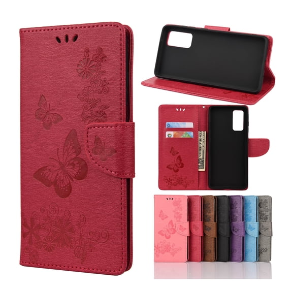 Samsung Galaxy S20 FE 5G Case with Hand Strap, Dteck Embossed Butterfly PU Leather Magnetic Flip Folio Wallet Case Built-in Card Holder Kick Stand Cover For Samsung Galaxy S20 FE 6.5 inch, Red