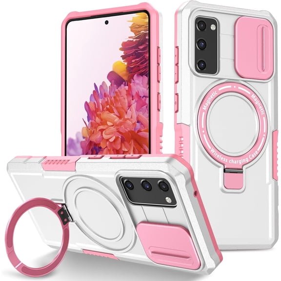 for Samsung Galaxy S20 FE 5G Case Magnetic with Stand Hidden Black Fits Wireless Charger, Samsung S20 FE Phone Case with Camera Lens Protector Cover Shockproof Anti-slip (Pink White)