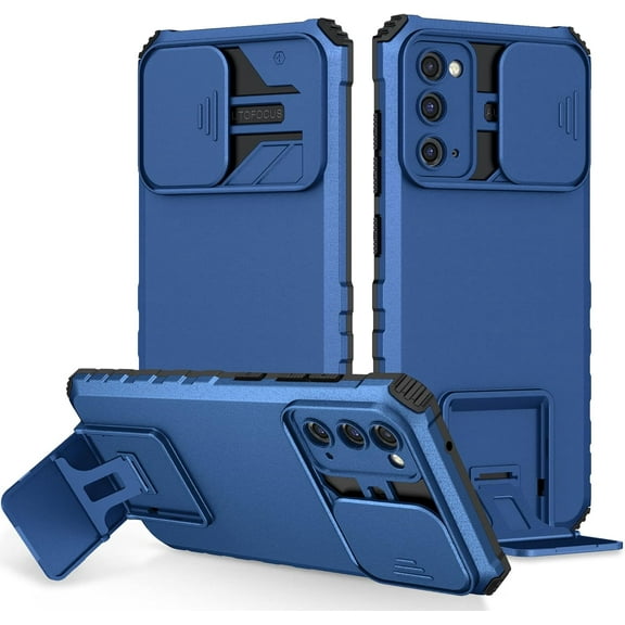 for Samsung Galaxy S20 FE 5G Case with Slide Camera Cover, ArmourSilicone TPU Bumper Tough PC Cover with Kickstand, Military Shockproof Protective Cell Phone Case for Samsung S20 FE Blue