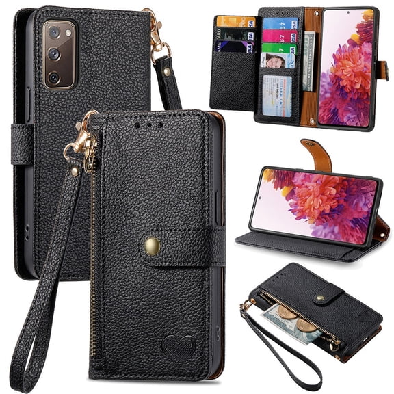 For Samsung Galaxy S20 FE 5G Leather Phone Case Wallet Zipper Pocket Pouch Folio Flip Cover Kickstand, Multi Anti-theft Card Holder Cash Slot, Double Magnetic Buckle, Wrist Lanyard,Black