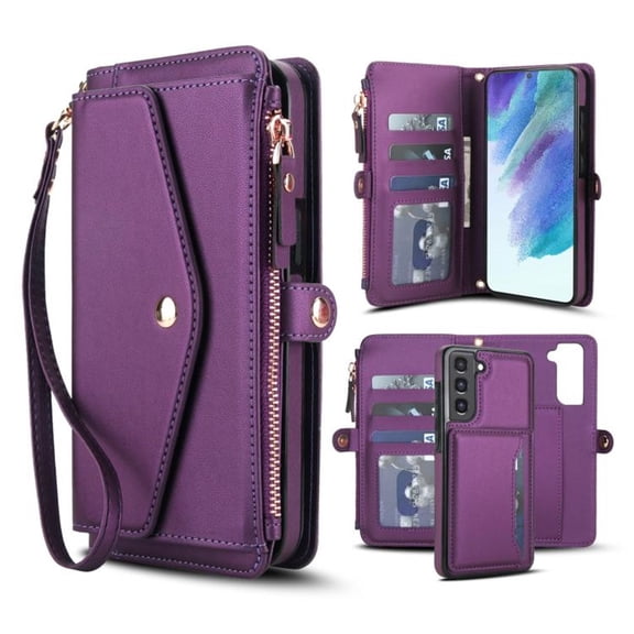 For Samsung Galaxy S20 FE 5G【RFID Blocking】Multi functional 2-in-1 Soft PU Leather Wallet Case Magnetic Flip Cover Multi-Card Slots Zipper Pocket With Detachable Shoulder Strap And Wrist Strap,Purple