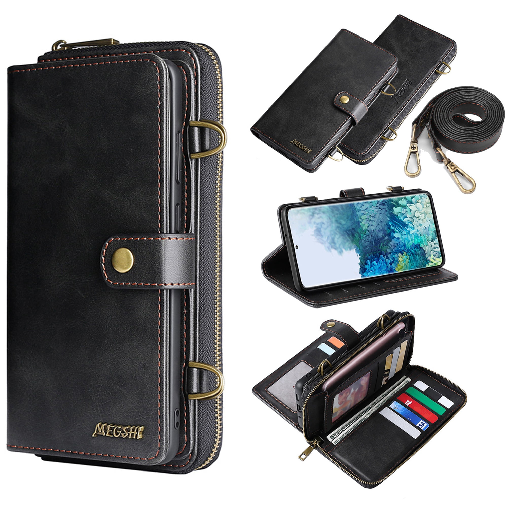 Samsung Galaxy S20 FE 5G Wallet Case, Dteck 2 in 1 Magnetic Detachable Wallet Purse [Crossbody Chain] Durable PU Leather Zipper Handbag Folio Flip Card Slot Protection Back Cover, Black