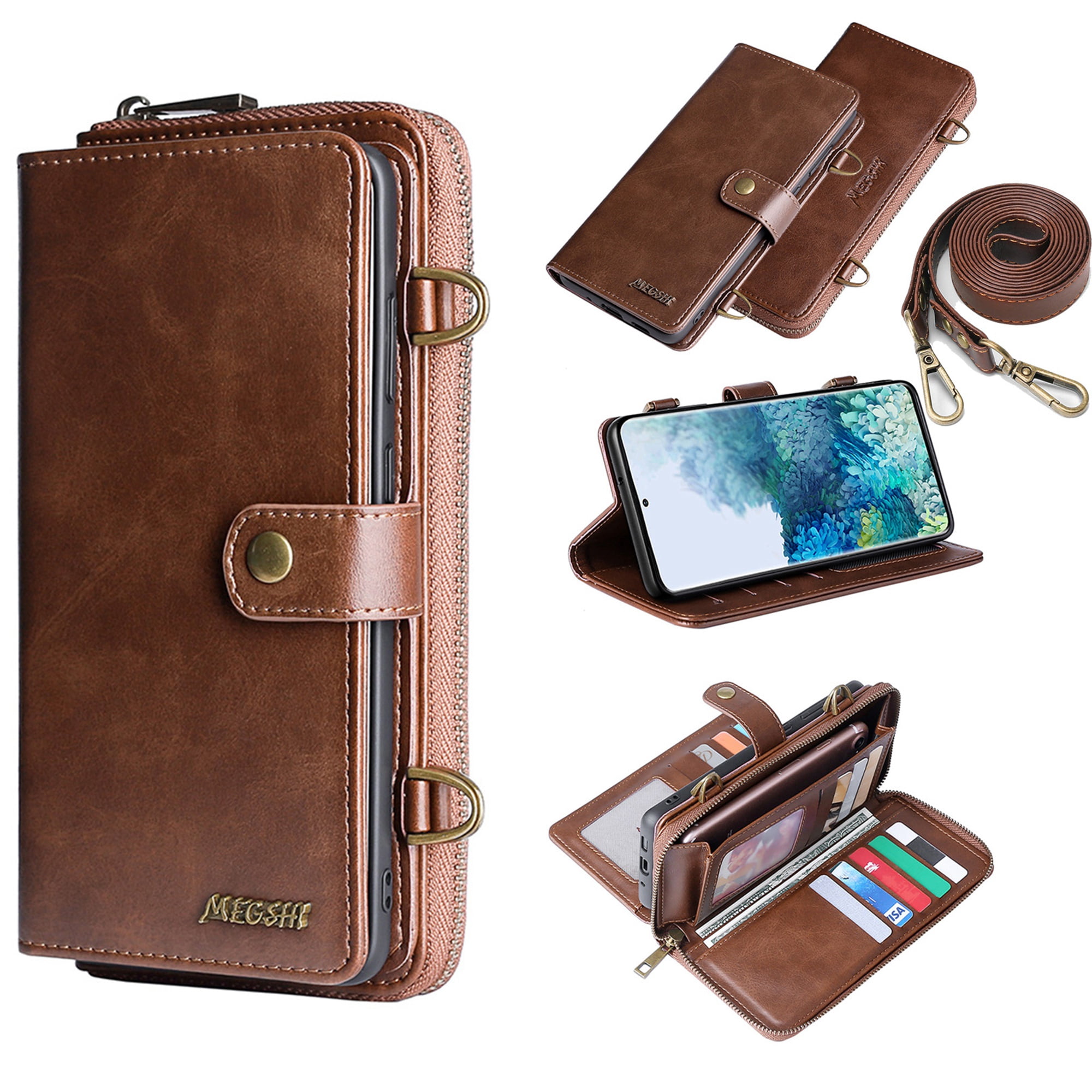 Samsung Galaxy S20 FE 5G Wallet Case, Dteck 2 in 1 Magnetic Detachable Wallet Purse [Crossbody Chain] Durable PU Leather Zipper Handbag Folio Flip Card Slot Protection Back Cover, Brown