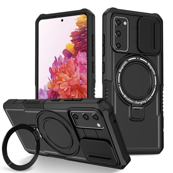for Samsung Galaxy S20 FE Case with Camera Sliding Cover, [Compatible with MagSafe] with Magnetic Ring Kickstand, Military Grade Heavy Duty Protection Phone Case for Samsung Galaxy S20 FE, Black