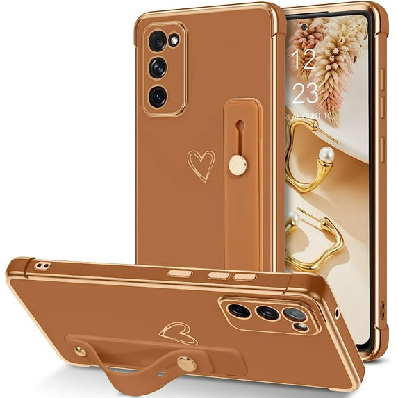 Samsung Galaxy S20 FE Case, Galaxy S20 FE 4G/5G Phone Case Love Heart Cute Case with Wristband Kickstand Holder Soft TPU Plating Bumper Protective Galaxy S20 FE Phone Case Cover, Brown