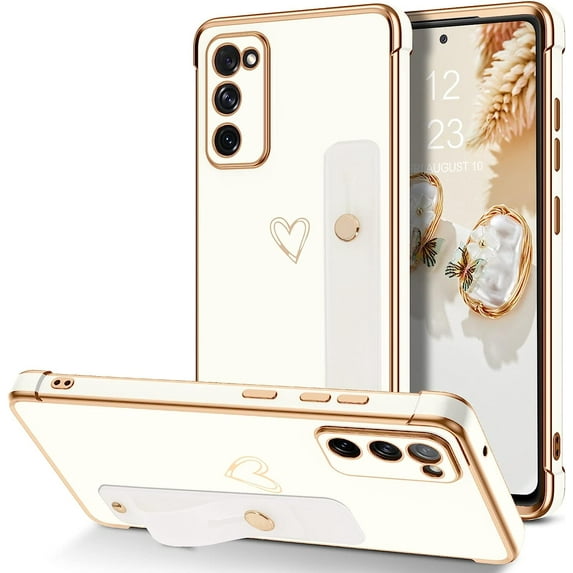 Samsung Galaxy S20 FE Case, Galaxy S20 FE 4G/5G Phone Case Love Heart Cute Case with Wristband Kickstand Holder Soft TPU Plating Bumper Protective Galaxy S20 FE Phone Case Cover, White