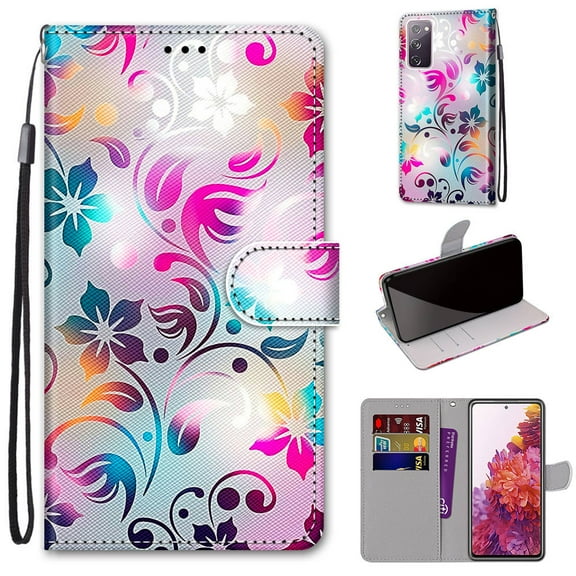 For Samsung Galaxy S20 FE Case, Mantto Magnetic PU Leather Phone Case With Hand Rope Strap Cute Pattern Painted Flip Credit/ ID Card Wallet Slots Stand, Gradient Flower