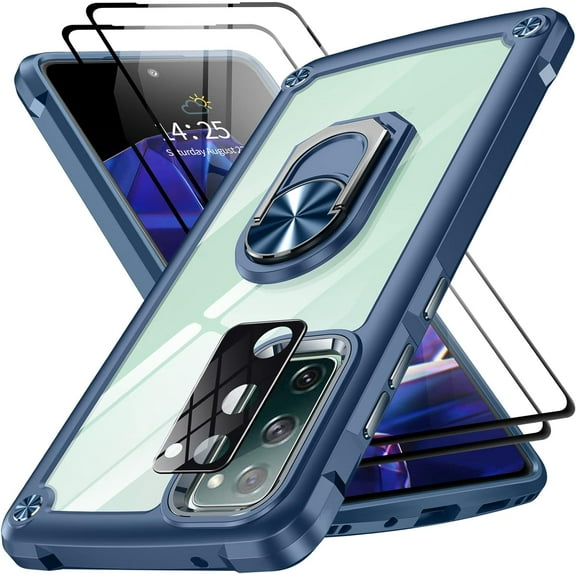 for Samsung Galaxy S20 FE Case, S20 Fe Case with 2 Pack Screen Protector + 1 Pack Camera Protector, Slim Protective Case with Kickstand Clear Hard Back Soft Bumper for Galaxy S20 FE 5G (Blue)