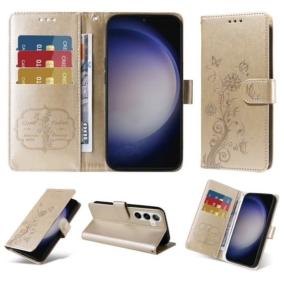 For Samsung Galaxy S20 FE Case Wallet, Stylish Flower Butterfly Embossed PU Leather Flip Cover Stand Shockproof Cards Slots Hand Wrist Phone Case for Samsung Galaxy S20 FE, Gold