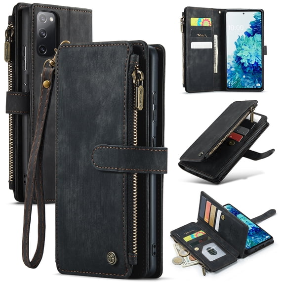 for Samsung Galaxy S20 FE Case Wallet for Women and Men, Samsung Galaxy S20 FE Case, PU Leather Magnetic Flip Strap Wristlet Zipper Card Holder Wallet Business Phone Cover for S20 FE, Black