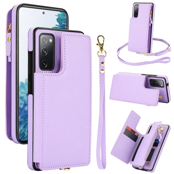 for Samsung Galaxy S20 FE Crossbody Wallet Phone Case with Card Holder&Zipper, Back Flip Folio PU Leather Kickstand Card Slots Case for Women Girls, Double Magnetic Clasp Shockproof Cover,Lightpurple