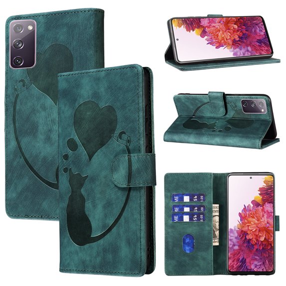 for Samsung Galaxy S20 FE Phone Case Wallet Flip Cases,Cute Cat & Heart Patterned,Retro PU Leather Kickstand,Card Holder,Wrist Strap,Magnetic Closure,Shockproof Cover For Samsung Galaxy S20 FE, Green