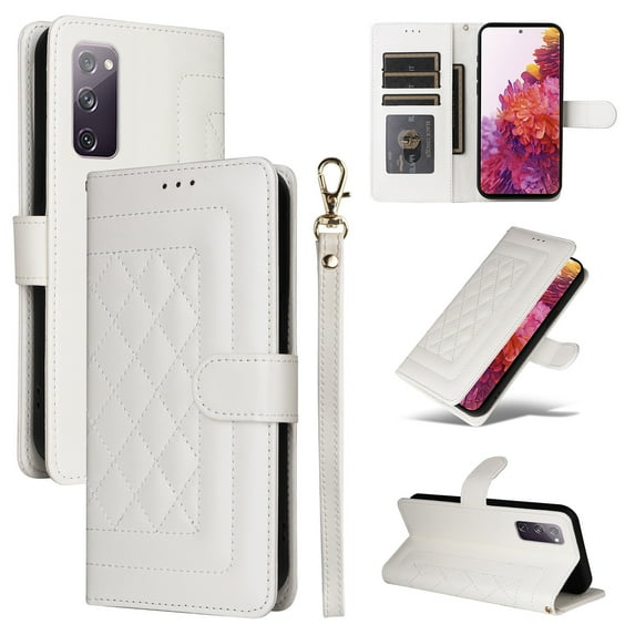 for Samsung Galaxy S20 FE Thin Fit Case Cover, Premium PU Leather Magnetic Wallet Flip Case with Stand Bracket Holder Flip Cover with Card Slots and Wrist Strap for Galaxy S20 FE - White