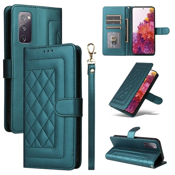 for Samsung Galaxy S20 FE Thin Fit Case Cover, Premium PU Leather Magnetic Wallet Flip Case with Stand Bracket Holder Flip Cover with Card Slots and Wrist Strap for Galaxy S20 FE - Darkgreen