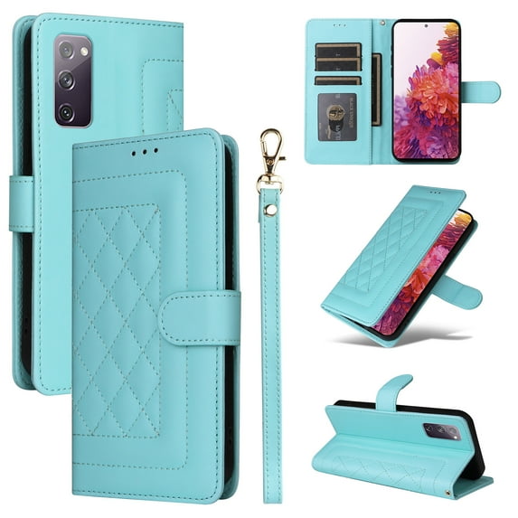 for Samsung Galaxy S20 FE Thin Fit Case Cover, Premium PU Leather Magnetic Wallet Flip Case with Stand Bracket Holder Flip Cover with Card Slots and Wrist Strap for Galaxy S20 FE - Mint