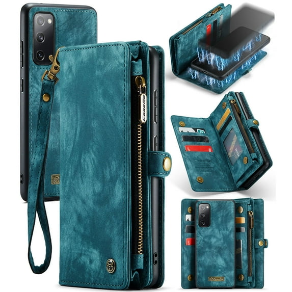 For Samsung Galaxy S20 FE Wallet Case,Multi-Functional Retro Leather Purse Flip Cover Zipper Wallet Case with Removable Card Slots Pocket & Detachable Wrist Strap Magnetic Phone Case, Green
