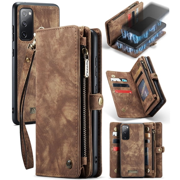 For Samsung Galaxy S20 FE Wallet Case,Multi-Functional Retro Leather Purse Flip Cover Zipper Wallet Case with Removable Card Slots Pocket & Detachable Wrist Strap Magnetic Phone Case, Darkbrown