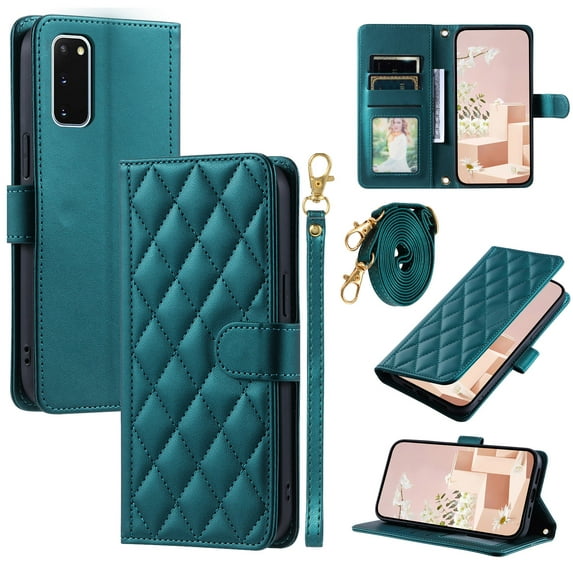 for Samsung Galaxy S20 FE Wallet Case, Premium PU Leather Magnetic Flip Folio Case with Wrist Strap Credit Card Holder for Women Men Crossbody Strap Case Cover for Samsung Galaxy S20 FE, Green