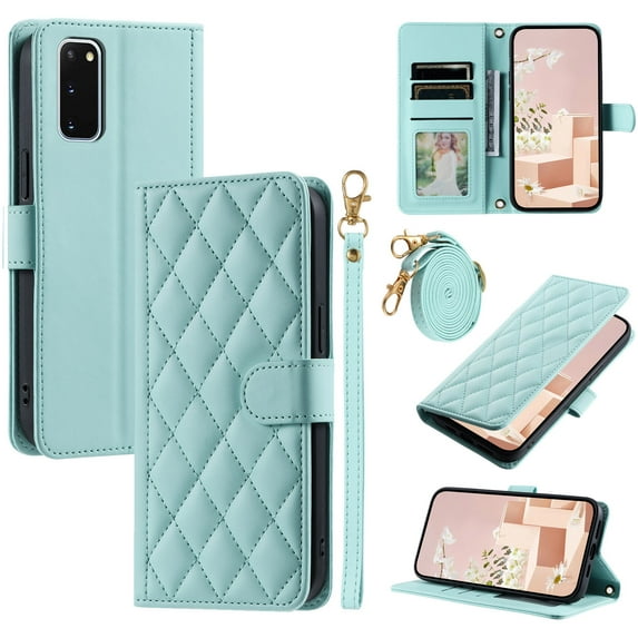 for Samsung Galaxy S20 FE Wallet Case, Premium PU Leather Magnetic Flip Folio Case with Wrist Strap Credit Card Holder for Women Men Crossbody Strap Case Cover for Samsung Galaxy S20 FE, Mint