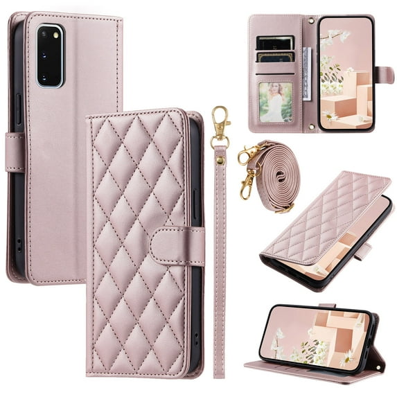 for Samsung Galaxy S20 FE Wallet Case, Premium PU Leather Magnetic Flip Folio Case with Wrist Strap Credit Card Holder for Women Men Crossbody Strap Case Cover for Samsung Galaxy S20 FE,Rosegold