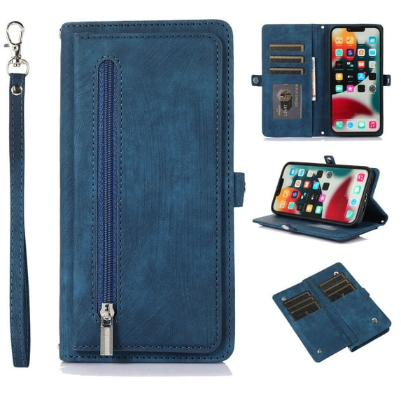 for Samsung Galaxy S20 FE Wallet Case for Women Men, Flip Leather Shockproof Magnetic Zipper Pocket Wallet Purse Case w/Stand Card Slot Holder Wrist Strap for Samsung Galaxy S20 FE,Blue