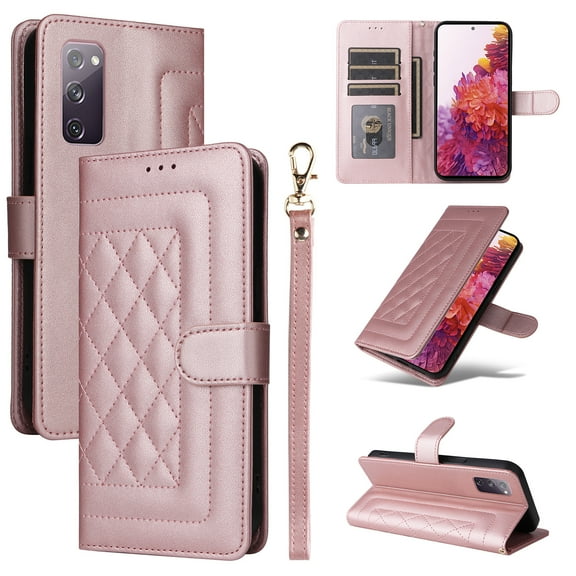 for Samsung Galaxy S20 FE Wallet Flip Case, Classic PU Leather Card Slots with Lanyard Magnetic Closure Kickstand Drop Protective Soft TPU Inner Case Cover for Samsung Galaxy S20 FE, Rosegold