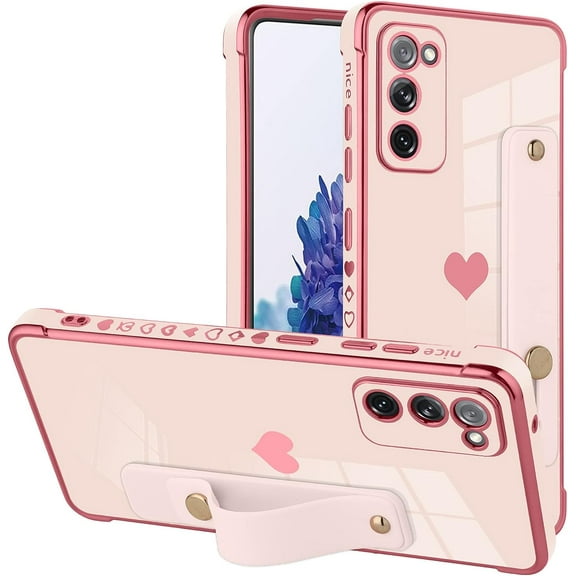 for Samsung Galaxy S20 Fe 5G Case Pink Love Hearts Design for Women Girl Men, Luxury Plating with Strap Stand Full Camera Lens Protection Bumper for Galaxy S20 Fe 5G