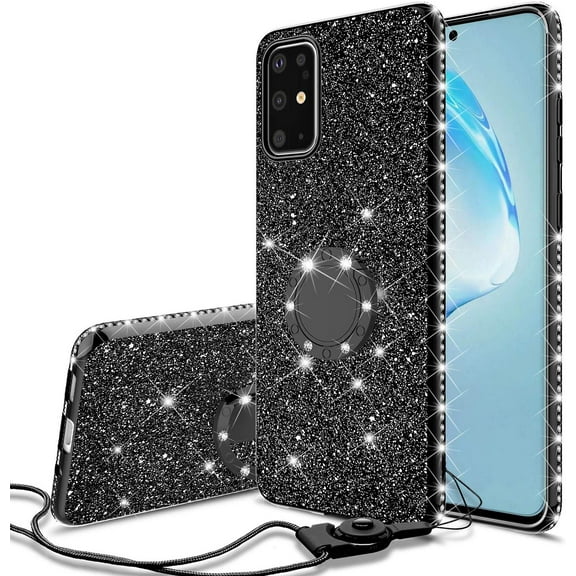 Samsung Galaxy S20 Glitter Phone Case, Ring Kickstand Girls Women Diamond Sparkly Case for Cover for Galaxy S20 - Black