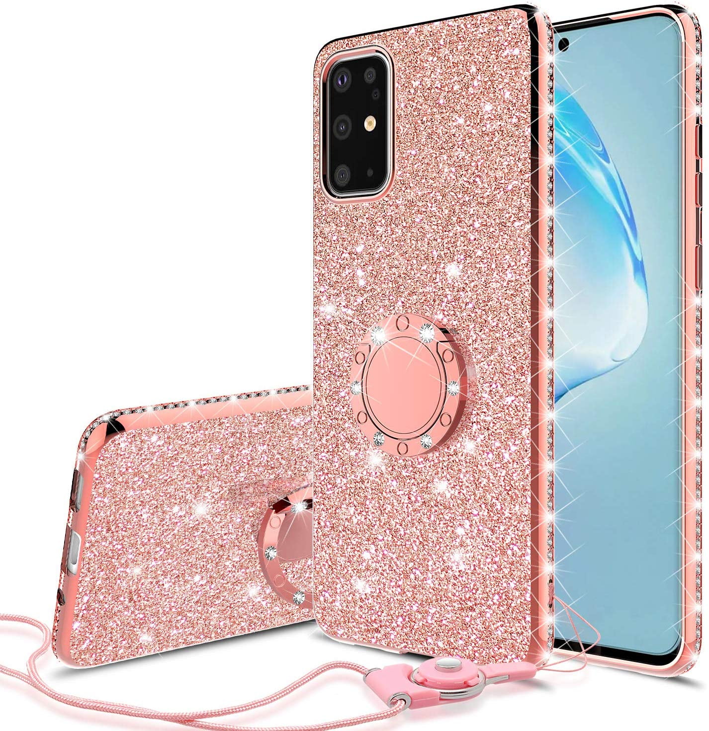 Samsung Galaxy S20 Glitter Phone Case Ring Kickstand Girls Women Diamond Sparkly Case for Cover for Galaxy S20 Rose Gold Walmart