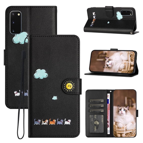 for Samsung Galaxy S20 Lovely Cartoon Pattern Wallet Flip PU Leather Case, with Wrist Strap / Credit Card Slots / Photo Slot / Cash Pocket Kickstand Cute Phone Cover for Galaxy S20, Black