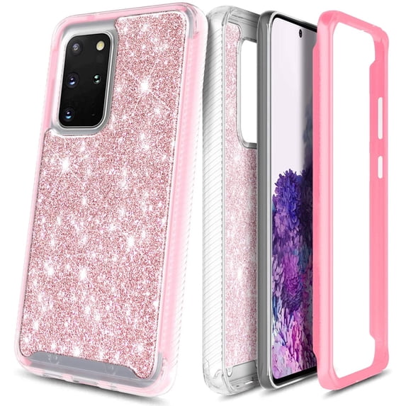 For Samsung Galaxy S20 Plus Case, Full-Body with Front PC Frame Shockproof Protective Bumper Cover, Support Wireless Charging, Impact Resist Durable Phone Case (Pink Glitter)
