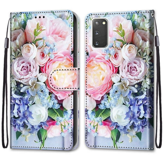 For Samsung Galaxy S20 Plus Case, Mantto Magnetic PU Leather Phone Case With Hand Rope Strap Cute Pattern Painted Flip Credit/ ID Card Wallet Slots Stand, Bouquet