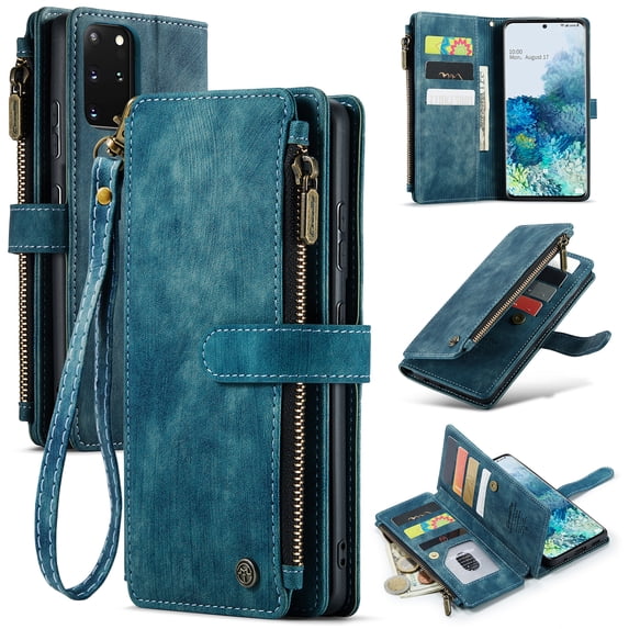 for Samsung Galaxy S20 Plus Case, Wallet Case with Card Holder Kickstand Magnetic Zipper Pocket Lanyard Strap Wristlet,Leather Flip Case Wallet for Samsung Galaxy S20 Plus,Blue