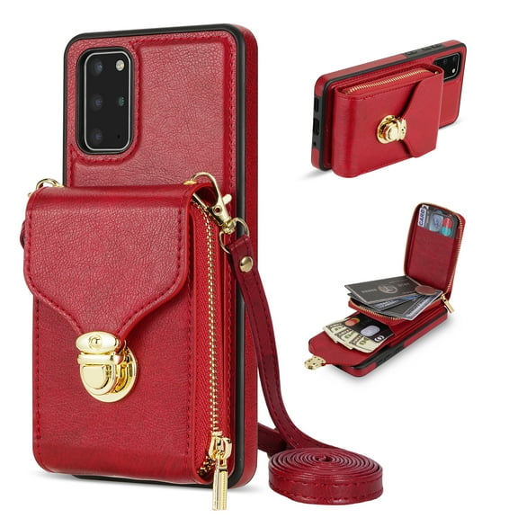for Samsung Galaxy S20 Plus Case Wallet with Shoulder Strap for Women - Crossbody Lanyard,Zipper Pocket,Credit Card Holder,Shockproof - Metal Buckle Closure Premium PU Leather Case, Red