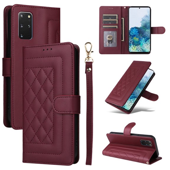 for Samsung Galaxy S20 Plus Thin Fit Case Cover, Premium PU Leather Magnetic Wallet Flip Case with Stand Bracket Holder Flip Cover with Card Slots and Wrist Strap for Galaxy S20 Plus - Winered