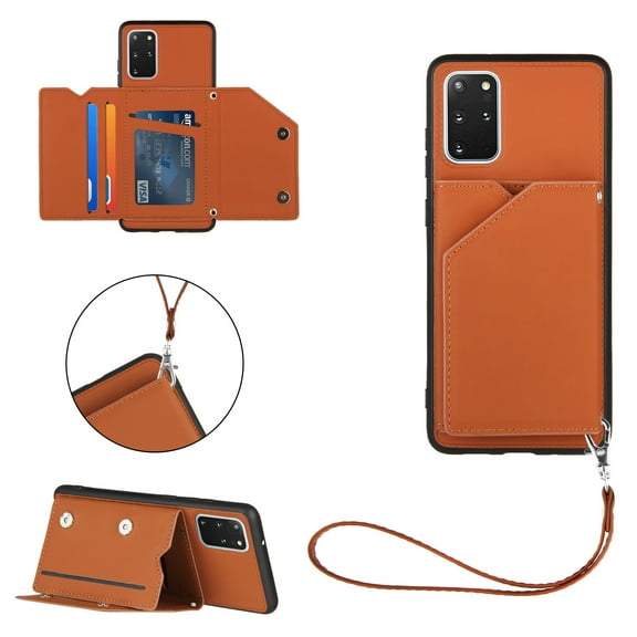 for Samsung Galaxy S20 Plus Wallet Case with Card Holder Case with RFID Blocking Card Slots, Double Magnetic Clasp Durable Shockproof Kickstand Detachable Wrist Strap Cover,Brown
