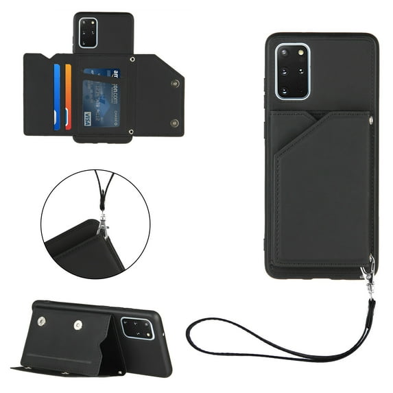 for Samsung Galaxy S20 Plus Wallet Case with Card Holder Case with RFID Blocking Card Slots, Double Magnetic Clasp Durable Shockproof Kickstand Detachable Wrist Strap Cover,Black